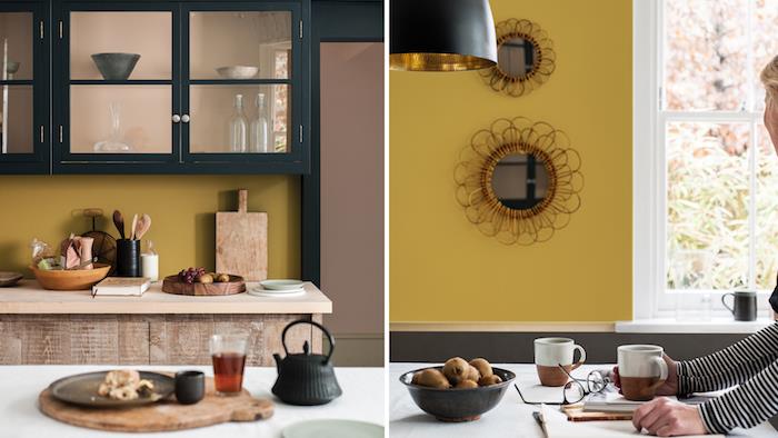 نموذج مطبخ ريفي مع طلاء أصفر مسطردة ، خزانة مطبخ سوداء علوية وخزانة قاعدة مطبخ خشبية ، أواني وألواح تقطيع خشبية