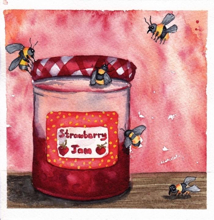 burk jordgubbssylt och söta bin gjorda i akvarell, originalkomposition och lätt att göra i akvarell för att lära sig målningstekniker