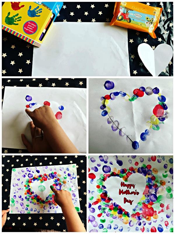 špeciálna kresba srdca ku dňu matiek vyrobená pomocou odtlačkov prstov rôznych farieb, DIY nápad na deň matiek v materskej škole