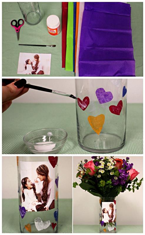 DIY Deň matiek pre batoľa, personalizovaná sklenená váza s fotografiou, ozdobená malými srdiečkami z hodvábneho papiera