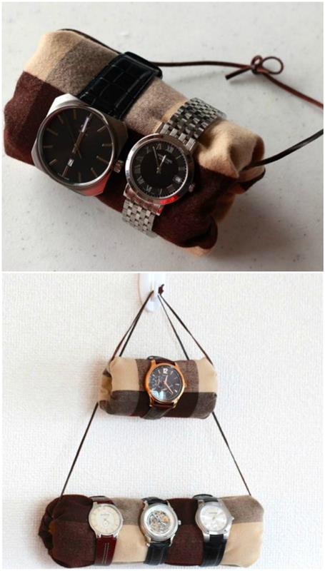 nápad na originálny pánsky darček, ktorý vyrobíte sami, stojan na hodinky na zavesenie vyrobený z látky a lepenky