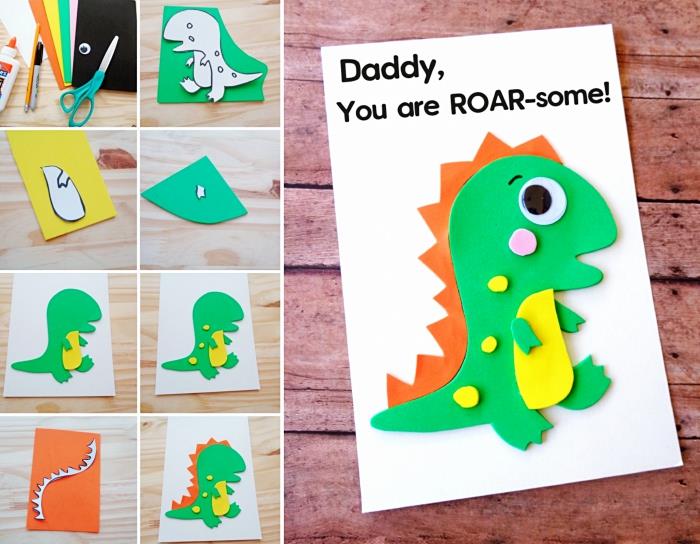enkelt steg för steg dagis, hur man gör ett kort med djur i färgglatt kartong, DIY Fars dag för småbarn