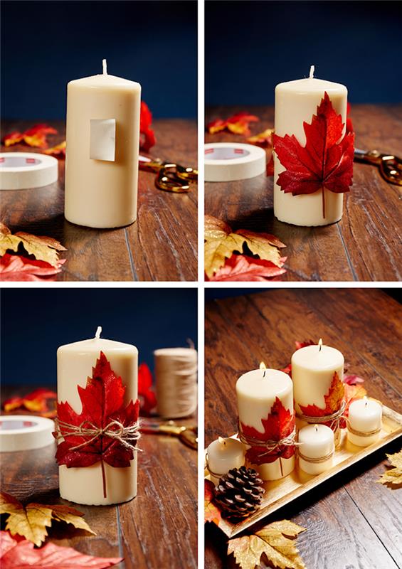 شمعة مزينة بأوراق الخريف في طبق صينية ذهبية مع شموع شخصية من الأوراق المتساقطة وخيوط القنب ، مخروط الصنوبر