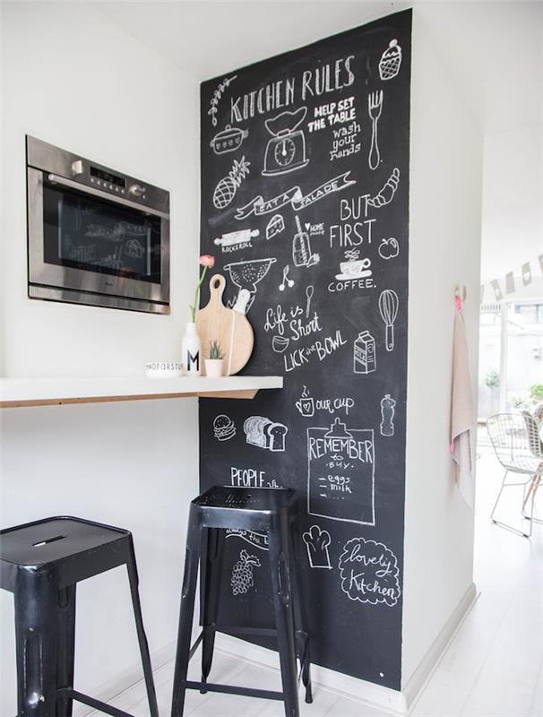 idé om en vägg som målats om i skifferfärg för en tavla, planerar kritritningar, svart metallpallar, vita plattor, gör om ditt kök