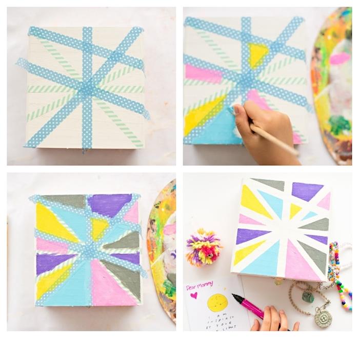 DIY smyckeskrin dekorerad med färgglada målar trianglar gjorda med washi tejp, bästa vän och syster gåva