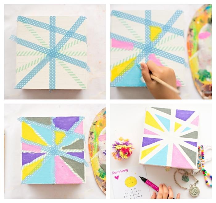 DIY smyckeskrin dekorerad med färgglada målar trianglar gjorda med washi tejp, bästa vän och syster gåva