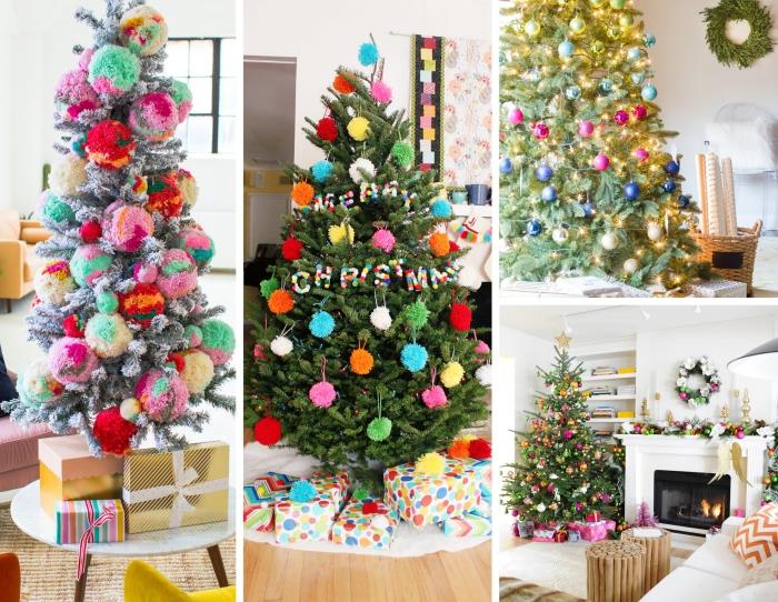 modern inredning juldekorationsidé, konstgjord trädmodell dekorerad med stora och små mångfärgade pomponger