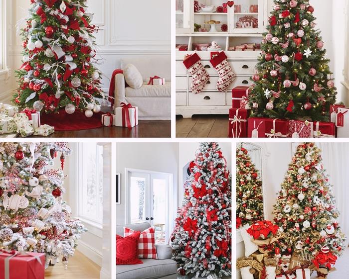 idé hur man dekorerar ett julgran på ett vitt och rött tema julgranskulor fjäril röd rosett