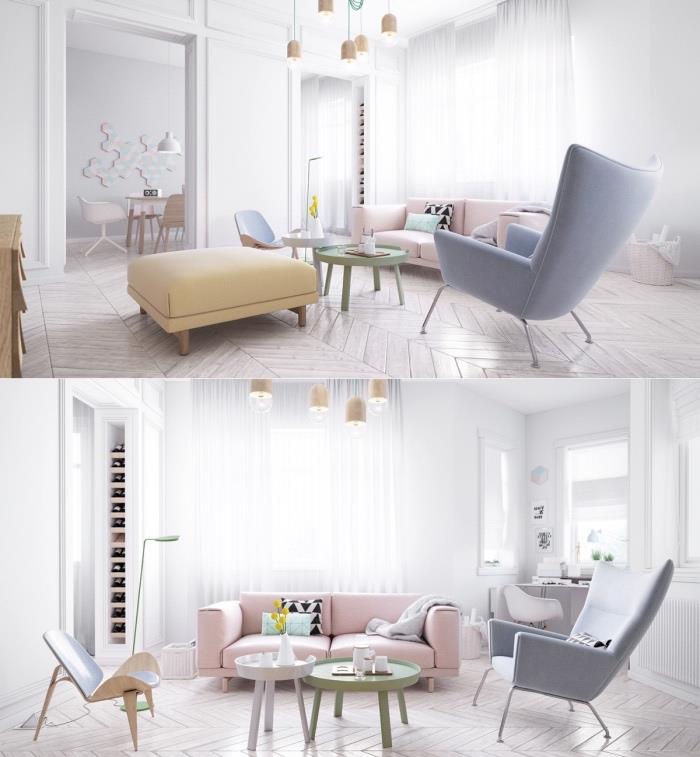 Škandinávsky nápad na usporiadanie obývačky, svetlé parkety, pastelovo ružová sedačka, sivé kreslo, pastelovo žltá taburetka, biely záves, originálne závesné svetlá
