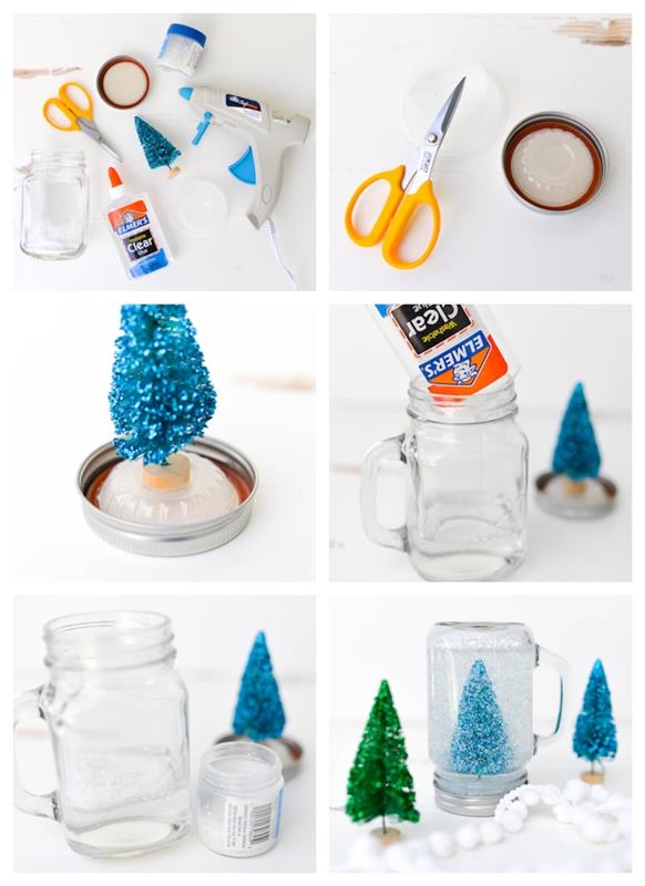 vyrobte si originálnu snehovú guľu z umelého snehu a figúrky z umelého vianočného stromčeka s glycerínom, nápad na vianočnú dekoráciu si vyrobte sami