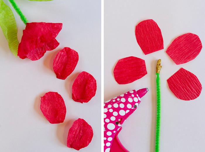 ako vyrobiť kreponový papierový kvet s lístkami papiera a stopkou na čistenie rúrok pre materskú školu materská škola 3d