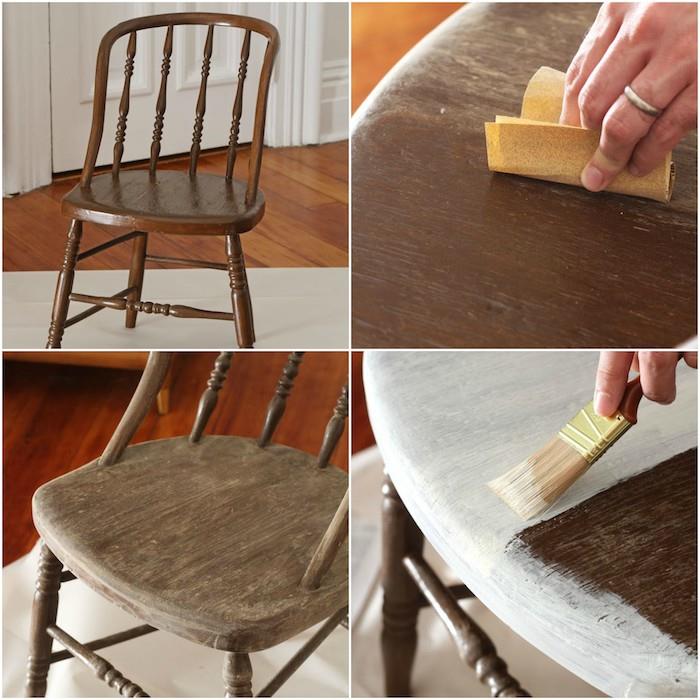 vynovená stolička, nápad, ako prelakovať drevený nábytok, prebrúsiť drevo a naniesť základný náter