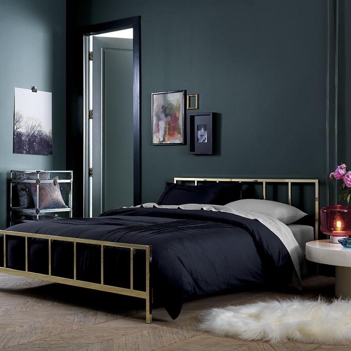 exempel på en snygg inredning i ett mörkt sovrum, verdigris eller mörkgrön färg för ett modernt sovrum