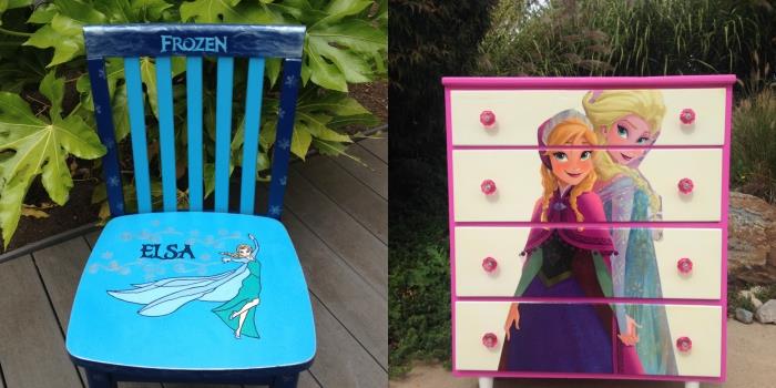 DIY dom na výrobu detskej izby, vymaľujte drevenú stoličku modrou farbou s kresbou Elsa