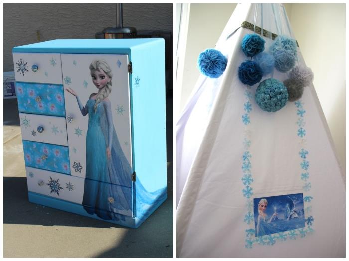 ručná činnosť do spálne pre domácich majstrov, skrinka namaľovaná modro -bielo s nálepkou Elsa a snehovými vločkami
