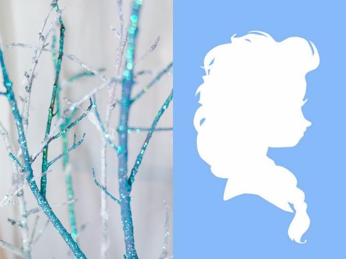 výzdoba spálne pre dievčatá, dekoratívna tvorba s modro -bielymi maľovanými vetvičkami, kresba na tlač s dizajnom Elsa Frozen