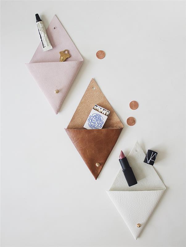 DIY plånbok för att göra dig själv i läder med en triangel vikning, lätt att göra syster gåva idé