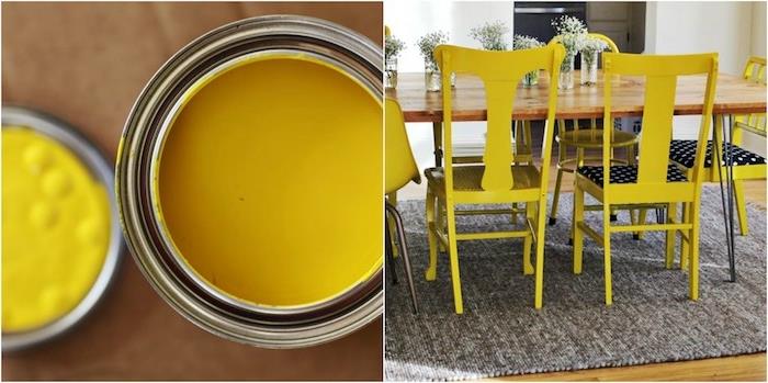 stolička prepracovaná do žltej farby pre vašu jedáleň s dreveným stolom, sivým kobercom a kvetinovým prvkom