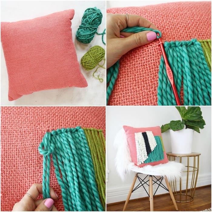 idé om rosa ullkuddar dekorerade med blå och gröna ullrester, manuell aktivitet för vuxna, DIY deco