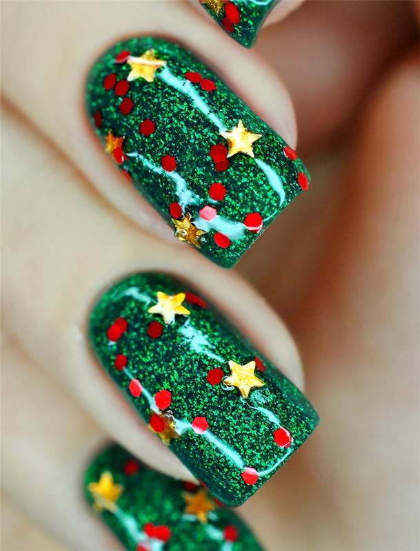 ľahký nápad na vianočné nechtové umenie zelený lak na nechty a ozdoba červených bodiek a žltých hviezd, efekt bling bling