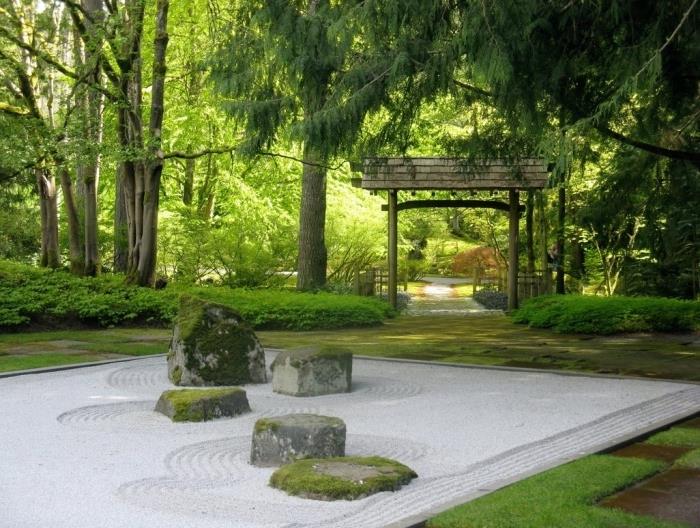 زخرفة زن في حديقة يابانية ، حصى وأحجار مغطاة بالطحالب ، قوس مدخل على الطراز الشرقي ، زن ، نباتات خضراء
