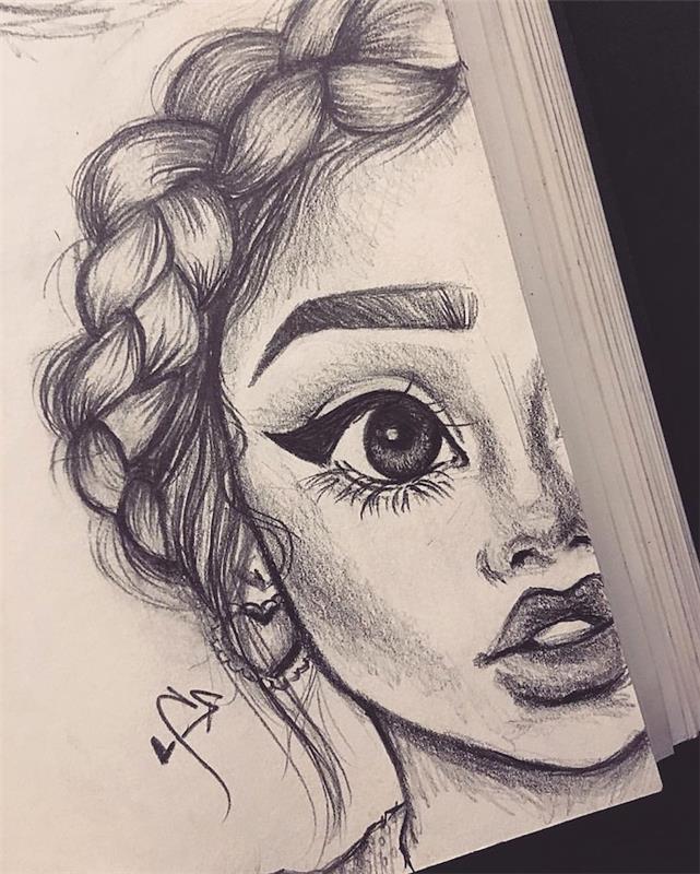 رسم رسومي لفتاة صغيرة ذات عيون كبيرة وملامح وجه جميلة ، تاج جديلة ، رسم سهل للتكاثر خطوة بخطوة