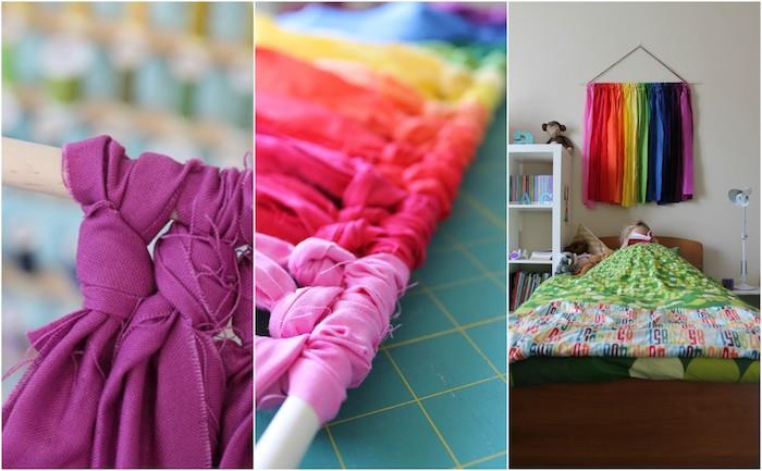 DIY barnrumsinredning, en båge och cuel väggdekoration av färgade tygskrot på en träpinne