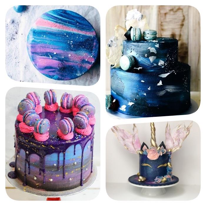 galaxy cake, pinterest cake trend 2020, mirror icing cake med lila, blå och rosa färger