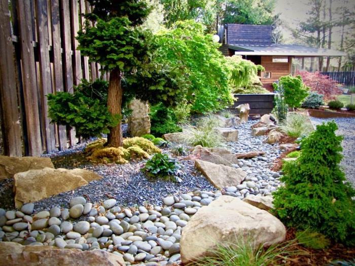 حديقة زن يابانية ذات نهر حصوي ، تحيط بها الحجارة الكبيرة والأشجار الخضراء والشجيرات ، والسياج الخشبي ، ومنزل في الغابة ، وشاليه مصمم