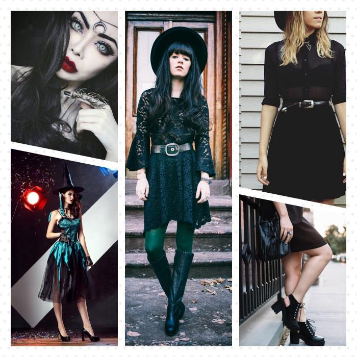 flera häxmakeupidéer och halloweenoutfit för kvinnor med svart klänning, svarta fotkängor, mörk smink, mörkrött läppstift, blå linser
