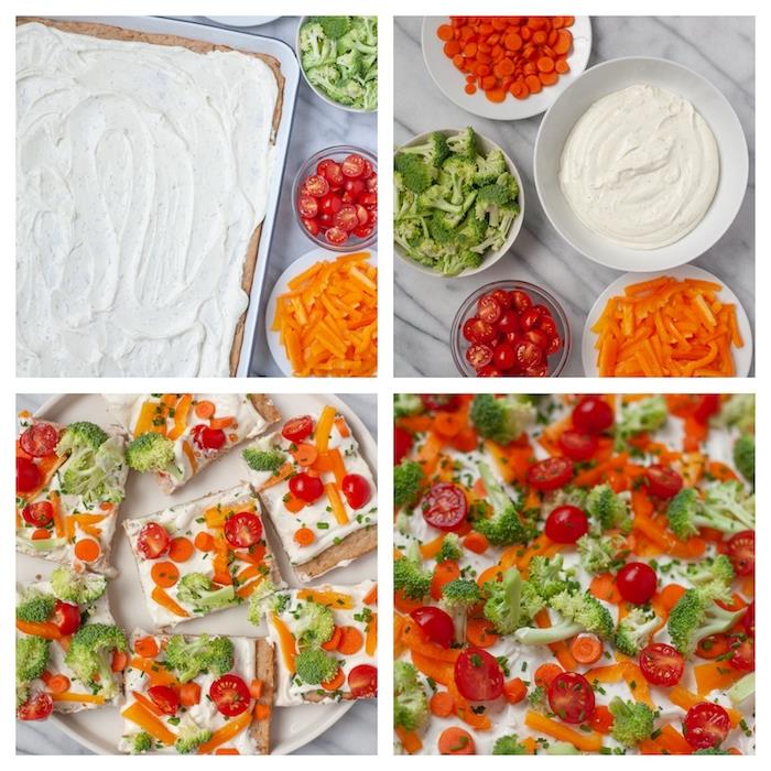 فكرة بيتزا باردة مع جبنة كريمية على قشرة وخضروات نيئة ، مقبلات سهلة وسريعة
