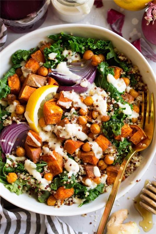 hösträtt recept idé quinoa kål kikärter potatis och falla salladsdressing