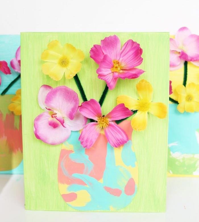 plátno premaľované na zeleno s farebnou papierovou vázou na farby, kvety a stonky v čističi potrubí 3d efekt, tip na darček pre pani učiteľku z materskej školy