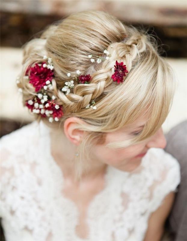 brudfrisyr med en kronfläta, fria främre trådar och dekoration av röda och vita blommor
