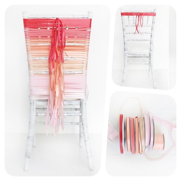 svadobná stolička zdobená farebnými stužkami s tieňovaným efektom ruží, vlastnoručný nápad na nízkorozpočtovú výzdobu svadobnej miestnosti