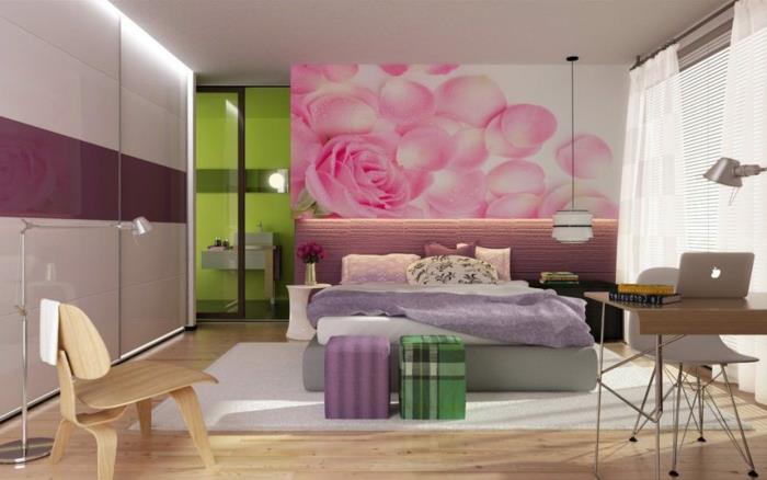 tonårsflicka-sovrum-dekor-vägg-dekoration-med-en-dekorativ-målning-rosor-parkettgolv