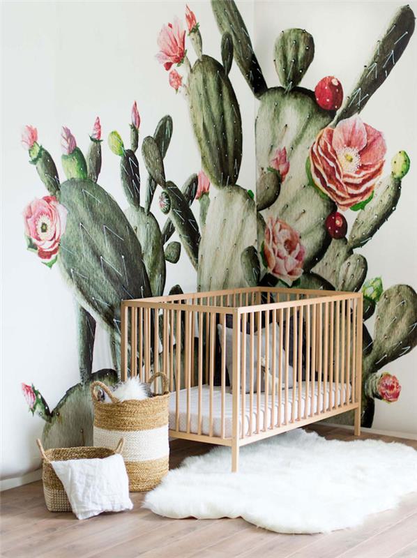 أفكار لتزيين غرفة الطفلة مع سجادة من الفرو الخشبي للأطفال الرضع ونسيج جداري لحضانة الصبار