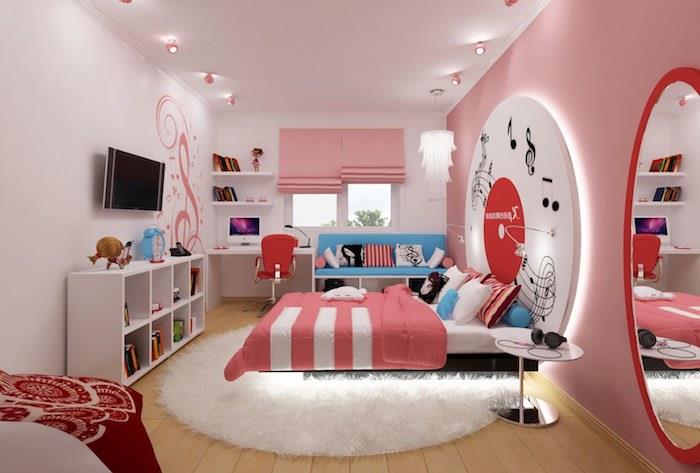 ديكور غرفة نوم فتاة مراهقة ، غرفة بجدران وردية وسقف أبيض ، أثاث خشبي مطلي باللون الأبيض