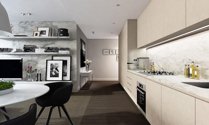 köksförvaringsspets, grå marmorväggdesign med vita hyllor och vita och svarta tillbehör