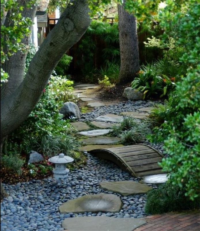 زخرفة حدائق Zen ، مسار حجري ، حصى ، جسر خشبي صغير ، أشجار وشجيرات ، فكرة حديثة لتخطيط الحدائق