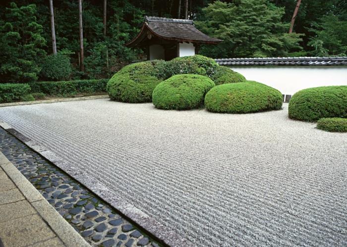 Japonská zenová záhrada, pôdny kryt v hrabanom piesku, zelená kefa, kamenná hranica