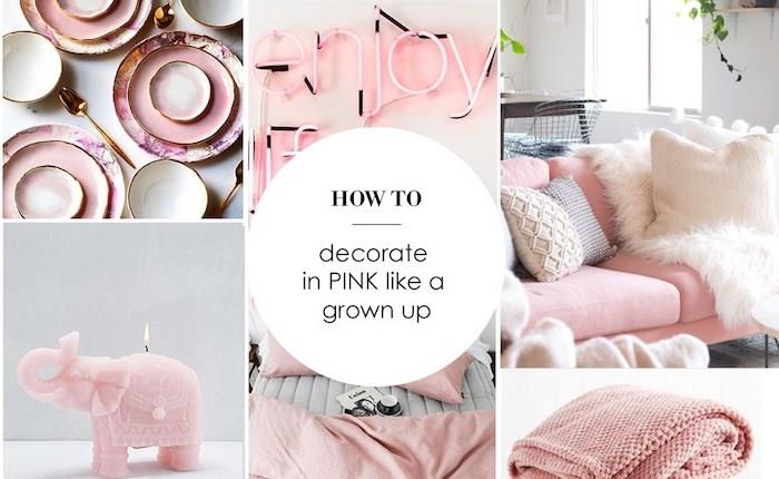 dekorativa föremål i nyanser av rosa, kokongsalong i vita och rosa färger, dekorativa kuddar och pläd i blekrosa