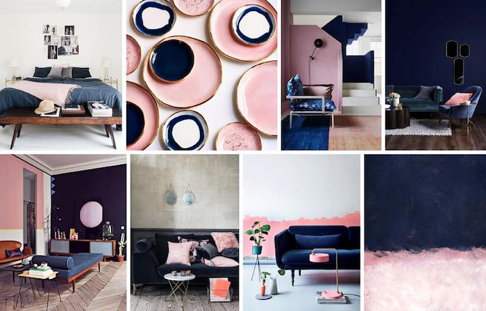 tillbehör i pastellrosa, idé om hur du kan dekorera ditt hus med pastellfärger, kombination av rosa och mörkblått i interiören