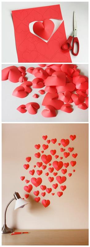 pappershjärtan, figurer klippta ur rött papper, sax, utspridda hjärtans dekoration limmade på väggen