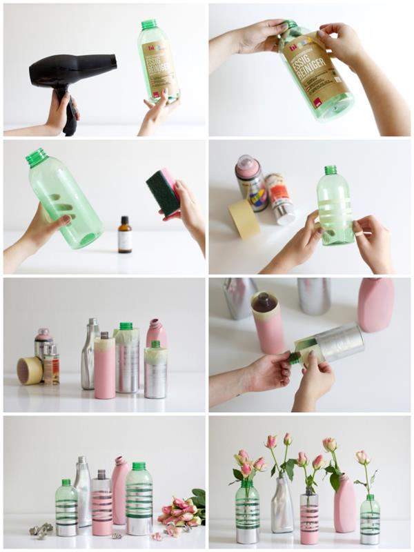 vackra vaser i plastflaskor omgjorda med färg, lätt att samla dekoration med plastflaskor