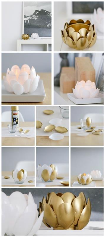 dekorativ ljusstake i vitt och guld i form av en lotus gjord med plastskedar, deco recup idé med plastskedar