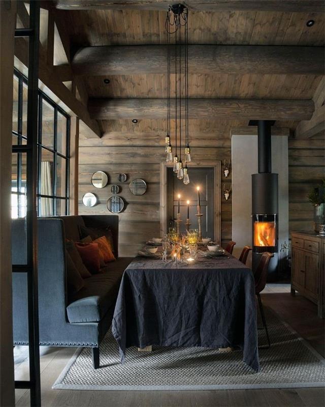 rustikálne nápady na výzdobu jedálne s drevenými stenami, okrúhle zrkadlá, dizajn krbu, antracitovo sivá sedačka