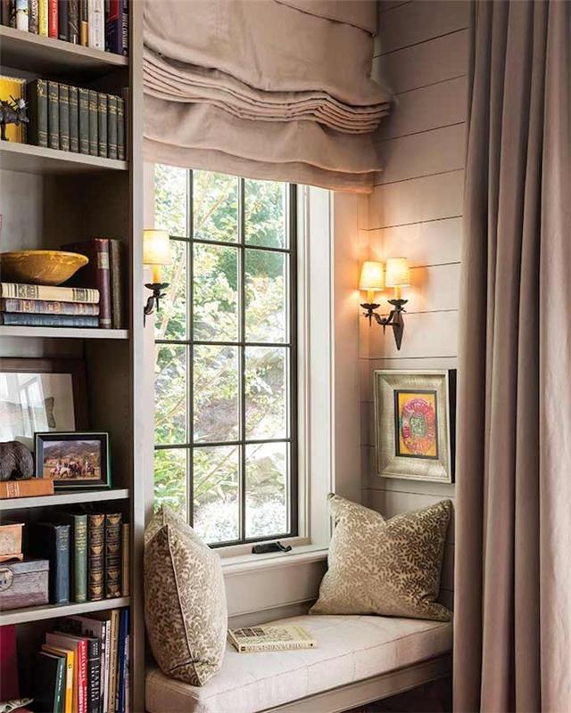 teplý nápad na výzdobu obývačky s nástenným výklenkom oknom bokom na čítanie rohový sivý záves bibliohteque hlasovať