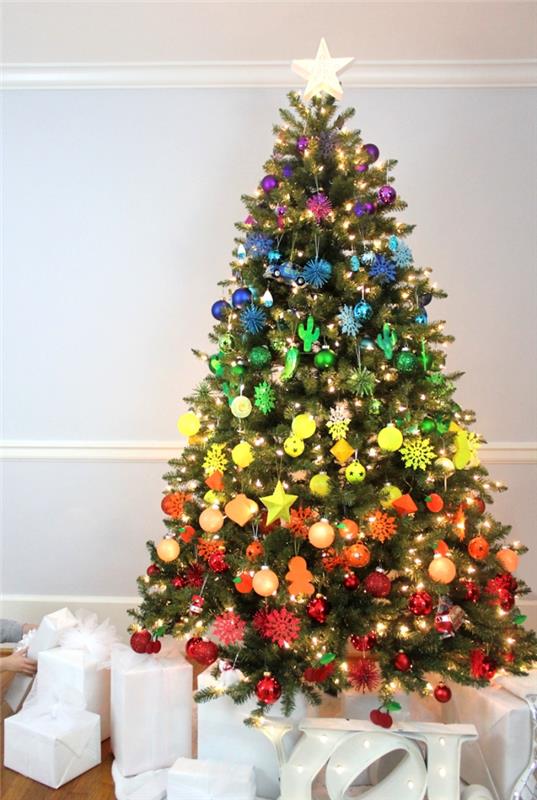 modell dekorerad julgran med regnbågseffekt, bild dekorerad naturlig julgran i ett vardagsrum med vita väggar och mörkt trägolv