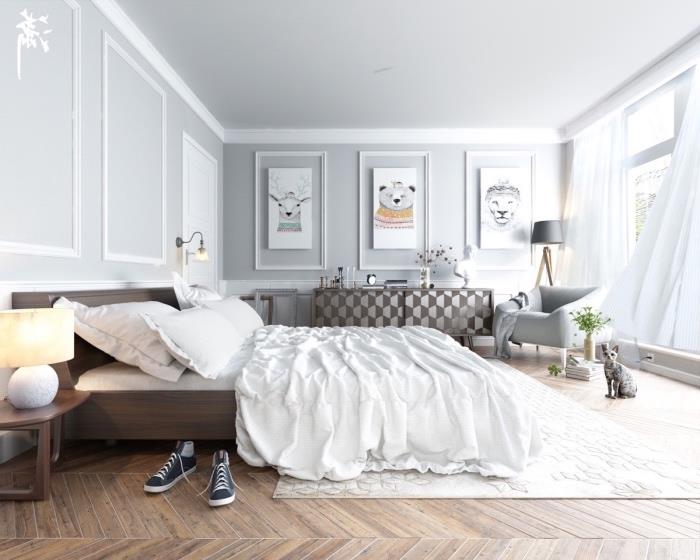 Škandinávska dekorácia v spálni, svetlé parkety, biela posteľná bielizeň, sivá a hnedá komoda, dekorácia steny kresbou zvierat, sivá stena